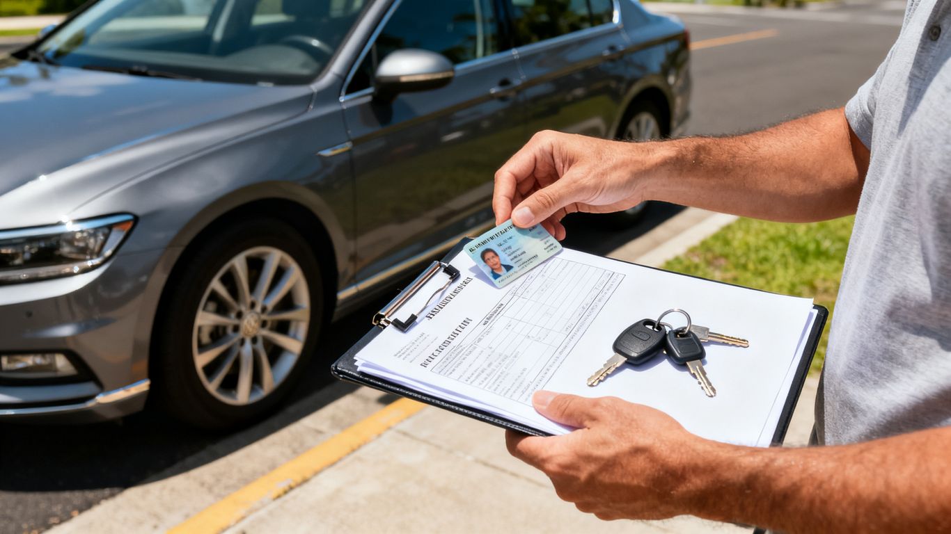 Driver gathering vehicle documents beside a parked car