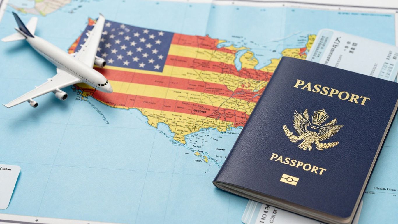 Passport and plane ticket on a world map.