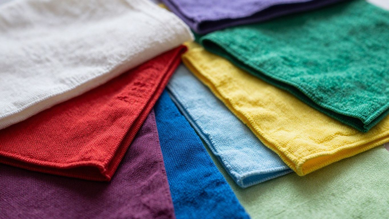 Pile of colorful microfiber cloths.
