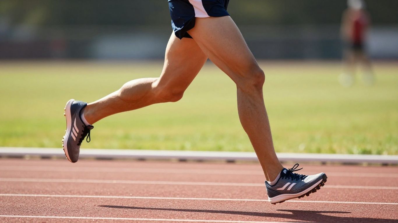 Runner's legs in motion on a track.