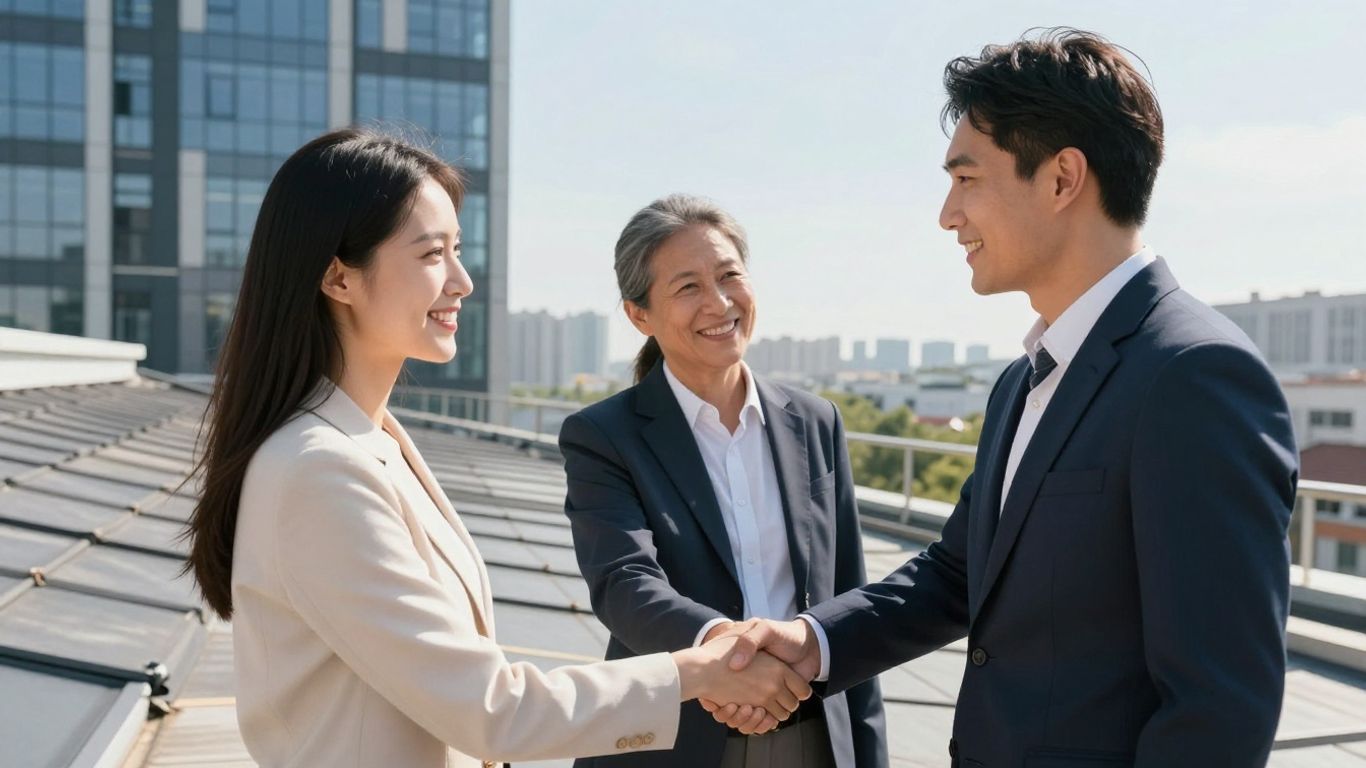 Roofing contractor and business owner shaking hands.
