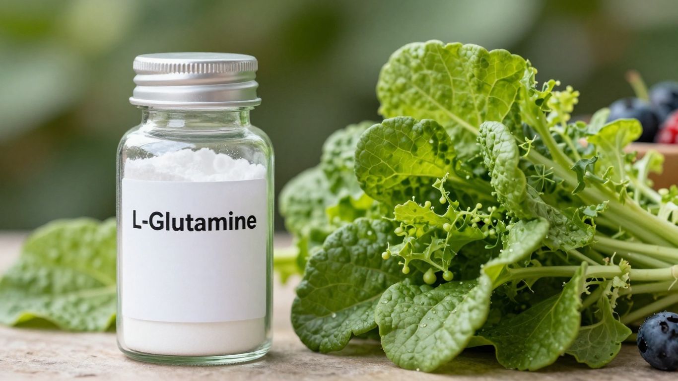 L-Glutamine powder, leafy greens, and berries for gut health.