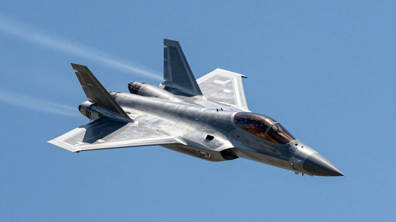 Futuristic jet flying at high speed in a blue sky.
