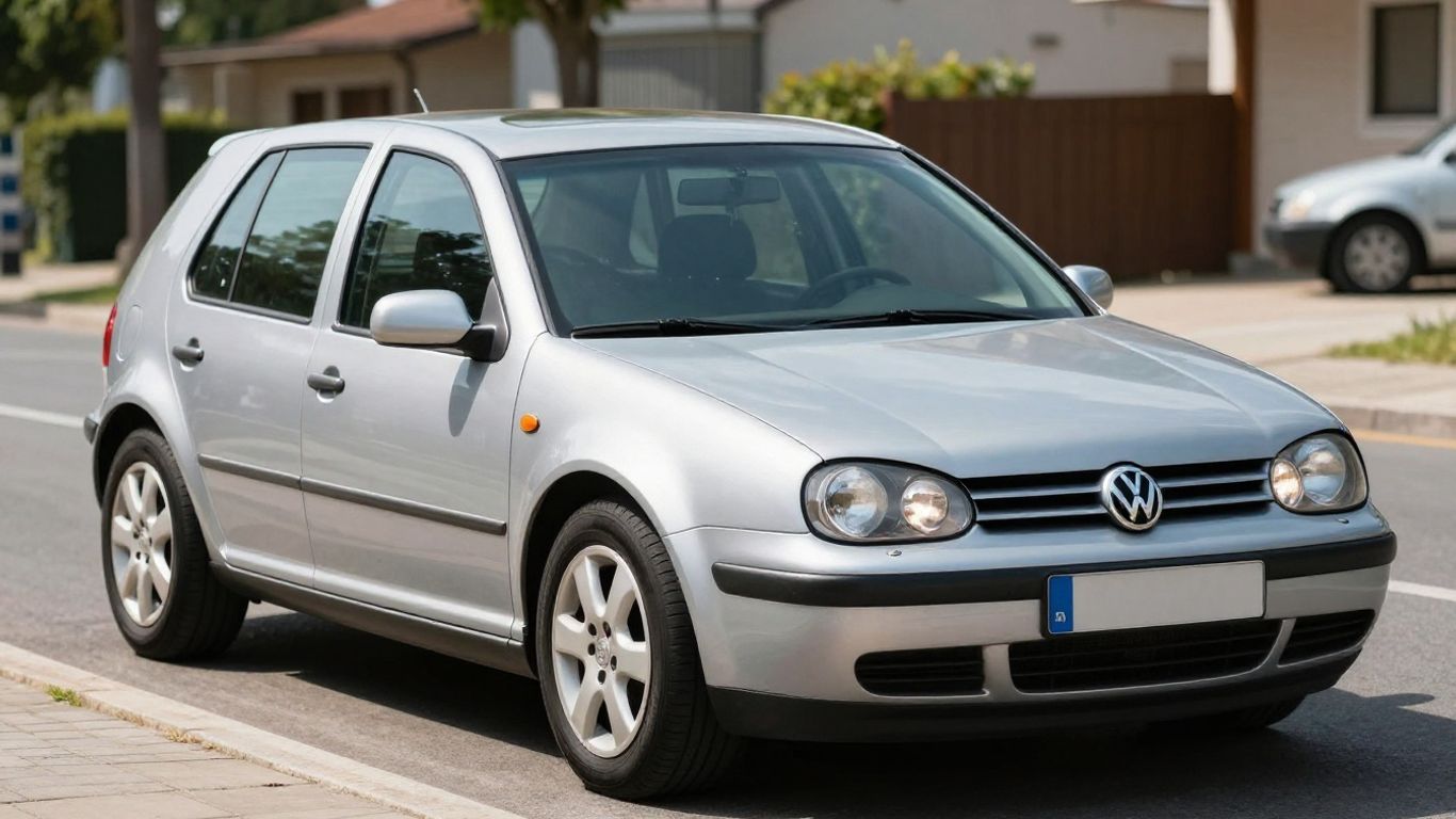 Silberner Volkswagen Golf auf sonniger Straße geparkt