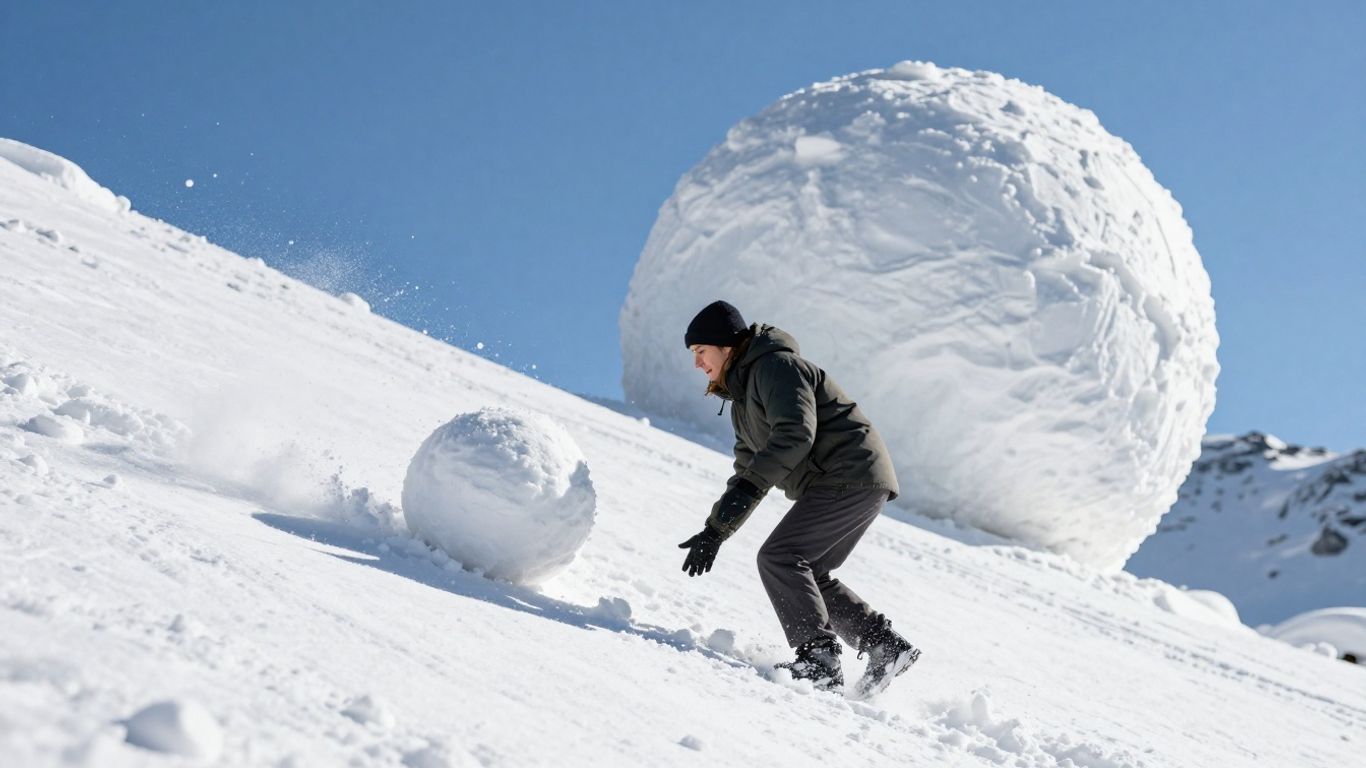 Bola de nieve rodando y creciendo en la nieve.