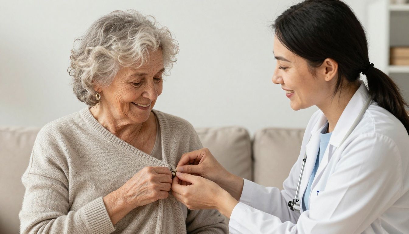 A compassionate home care aide gently helps an elderly woman with a button on her sweater, both smiling warmly in a sunlit living room.