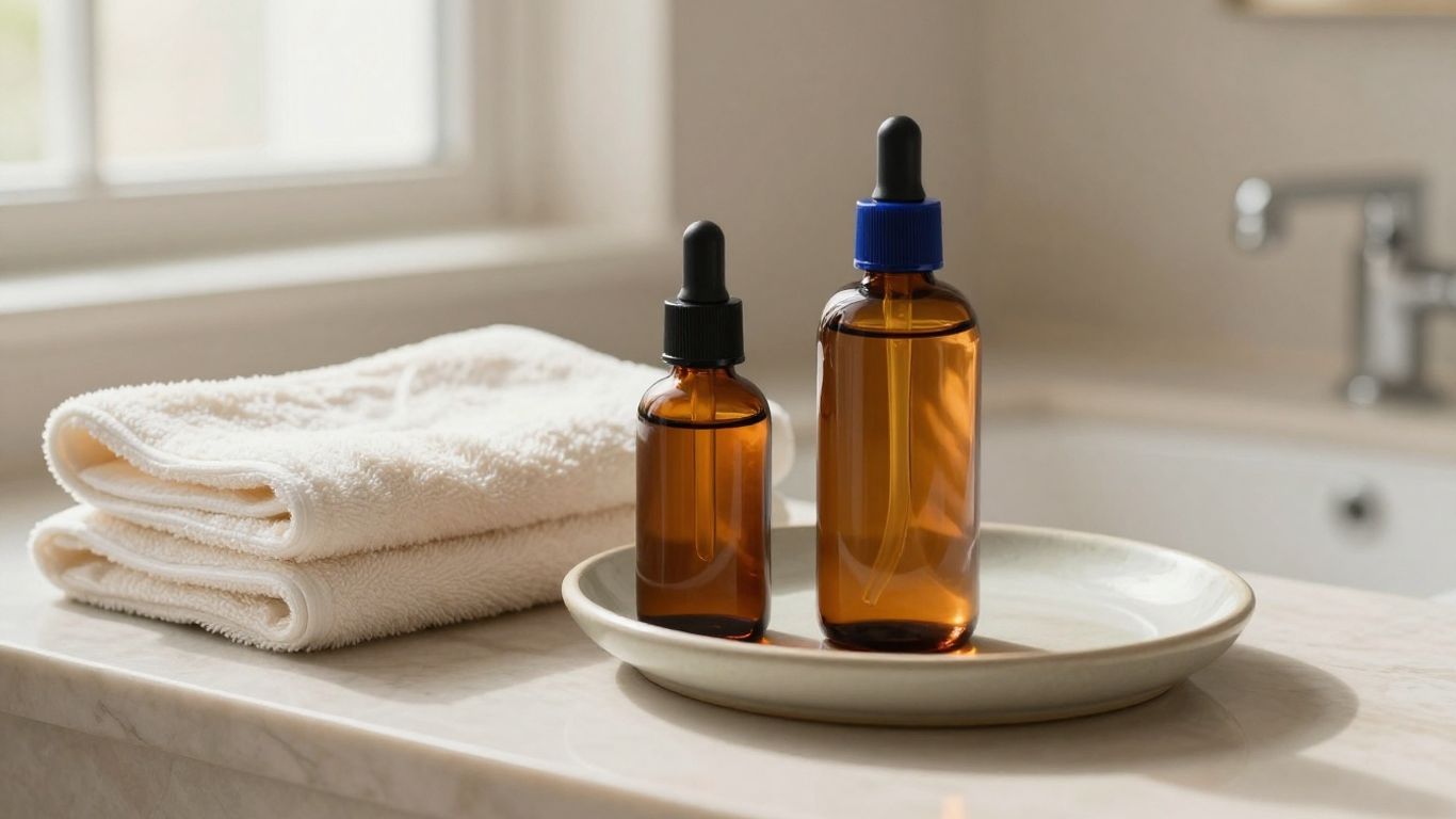 Warm skincare bottles beside soft towels