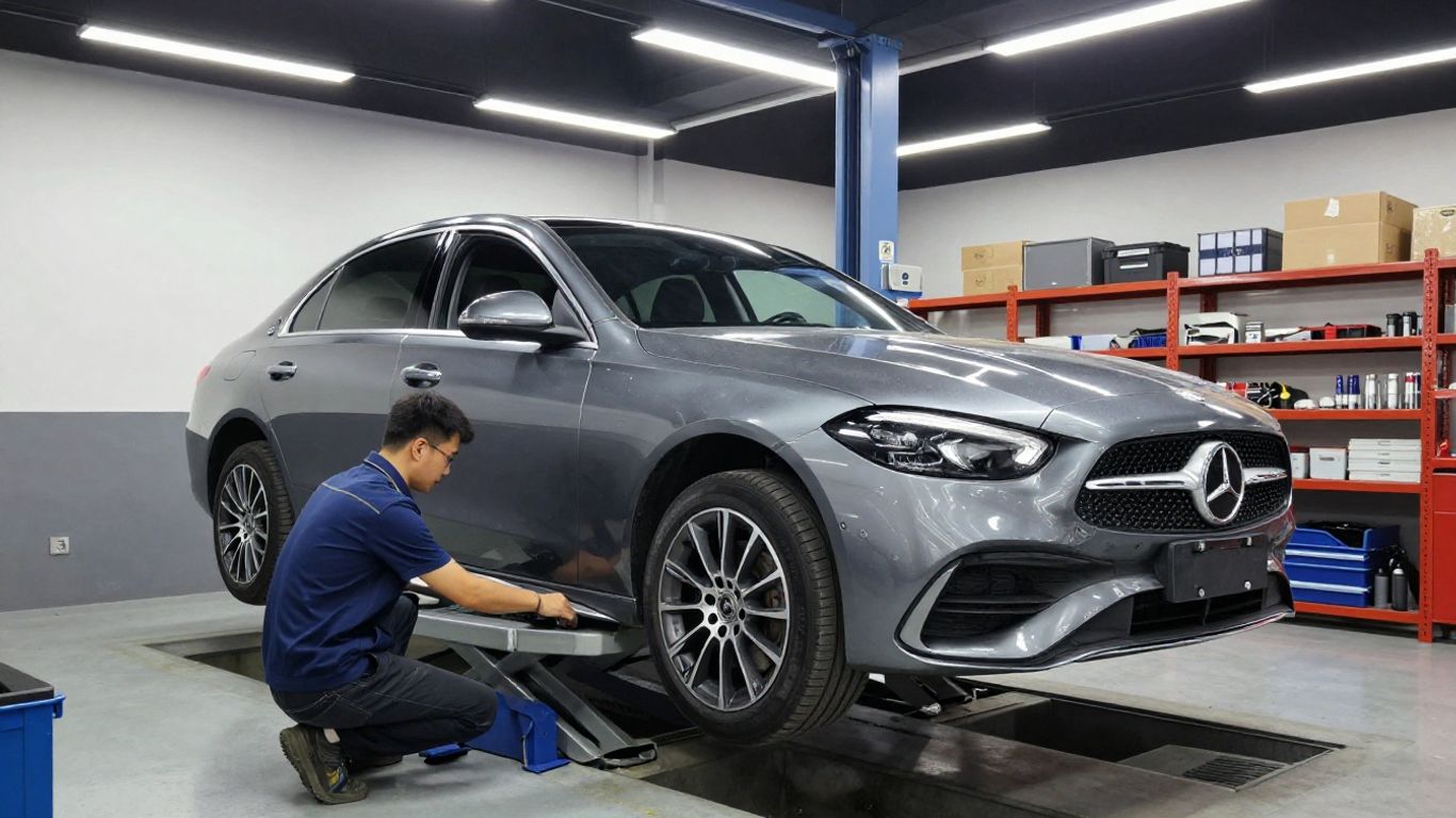 Mercedes vehicle at a professional service bay