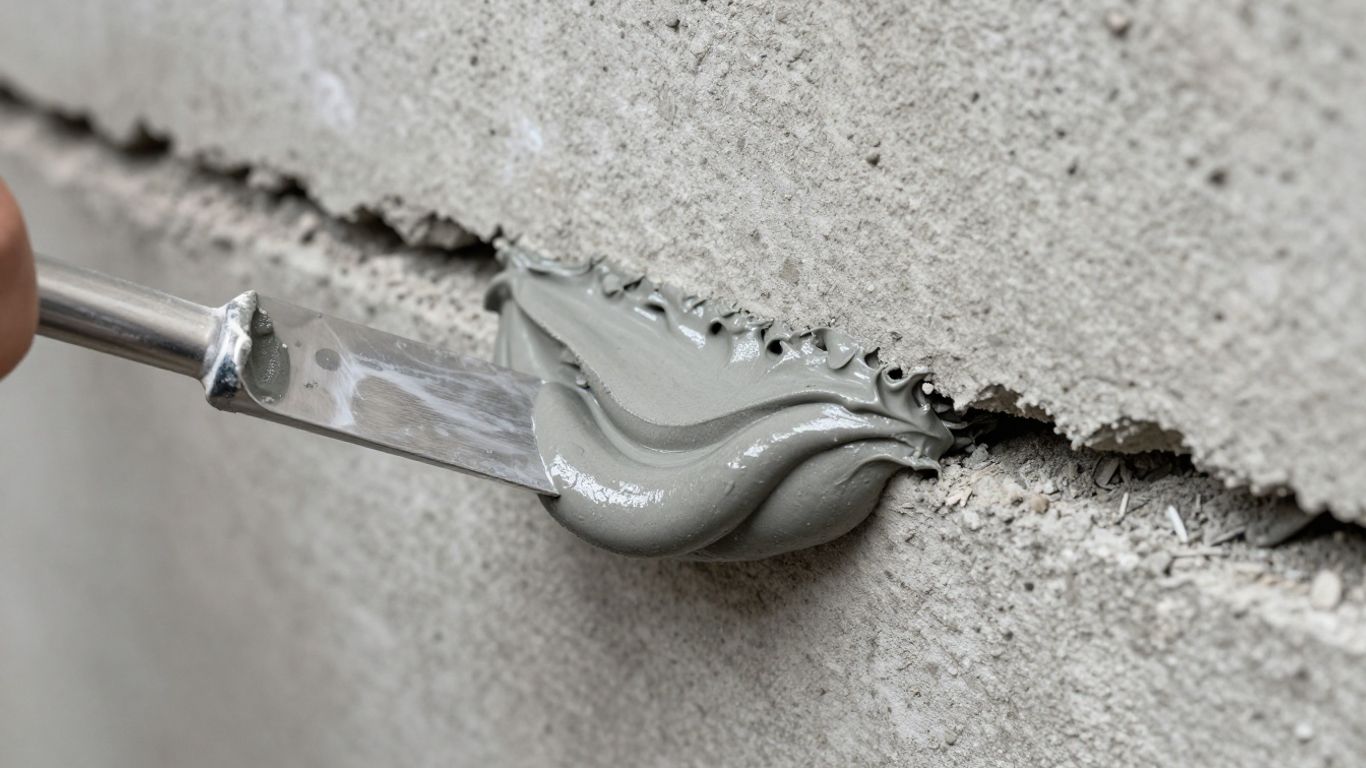 Polyurea grout filling a crack in a concrete wall.