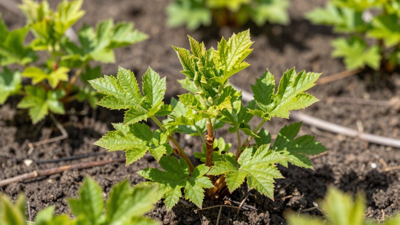 Beerensträucher im Frühling mit neuen Blättern und Erde.