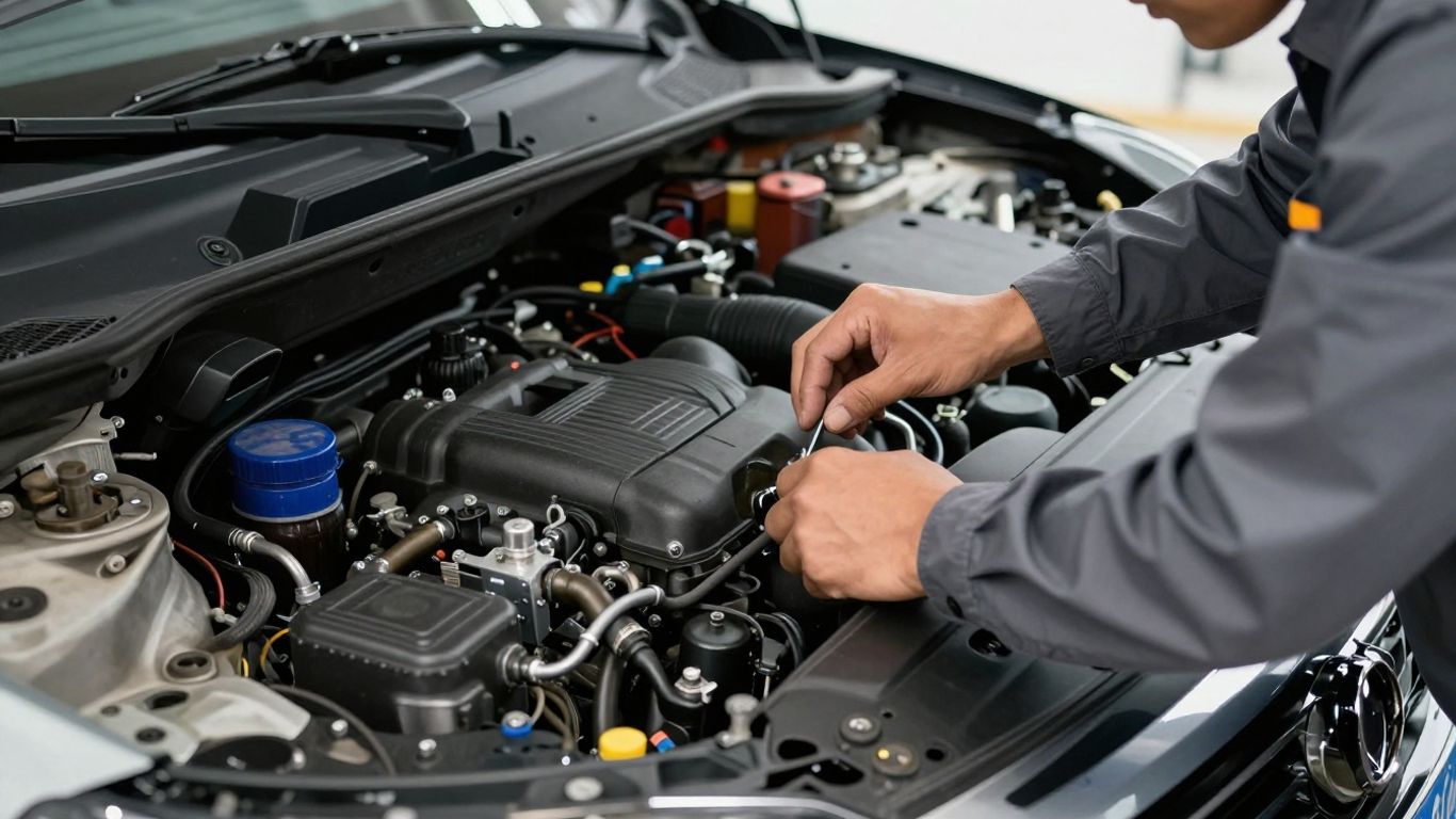 Service technician checking engine bay components