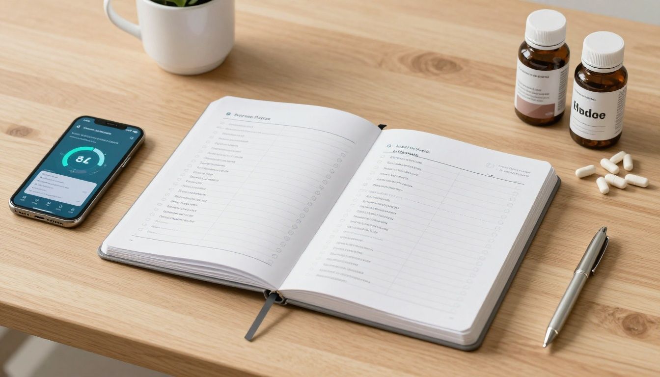 A high-quality, close-up shot of a modern, organized health-tech setup on a clean wooden desk, featuring a structured hormone protocol tracker notebook, a smartphone screen displaying a sleek health-tracking app, and organized daily supplements, minimalist and professional, soft natural lighting.