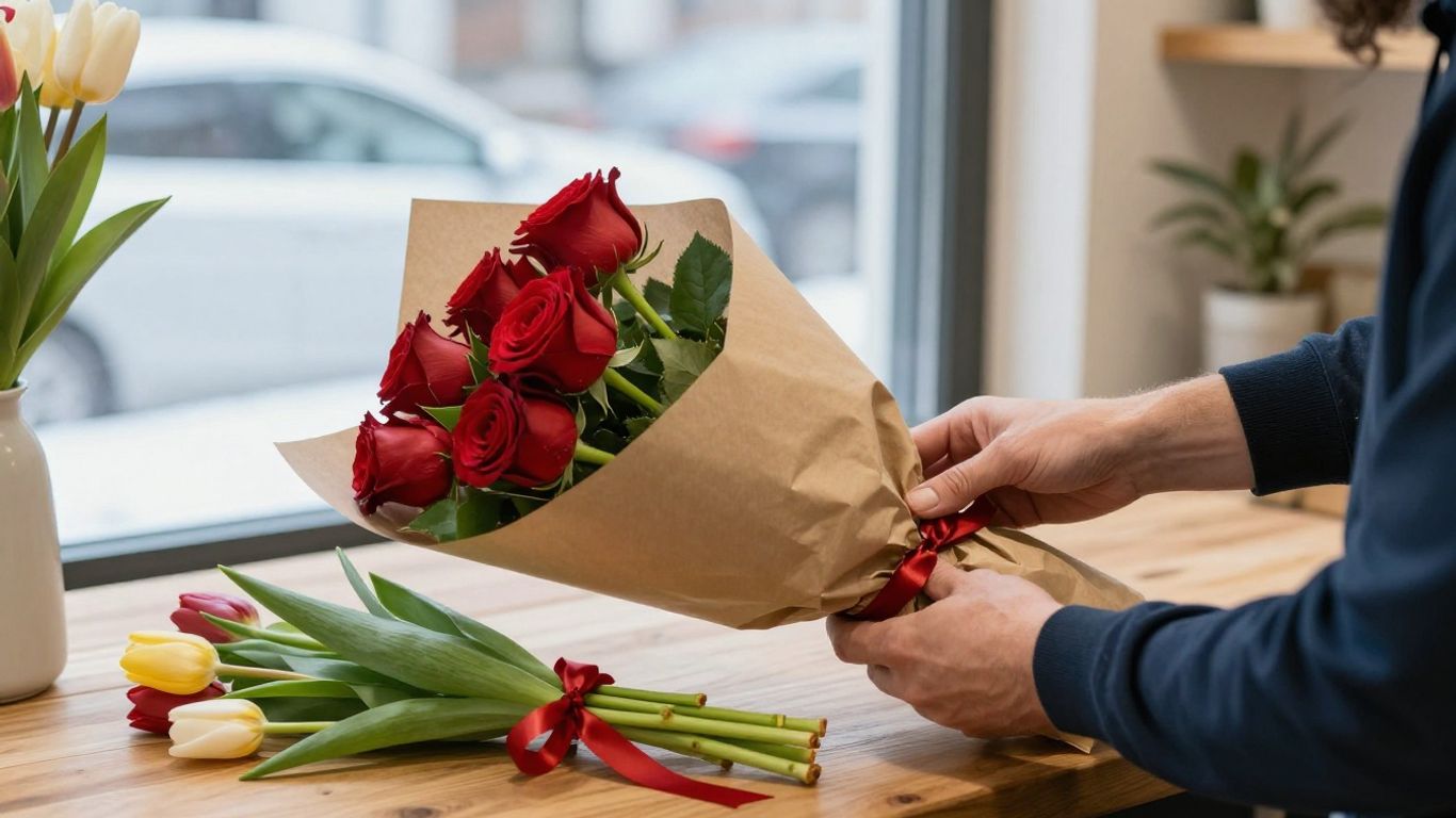 Florist preparing a Valentine bouquet for careful delivery