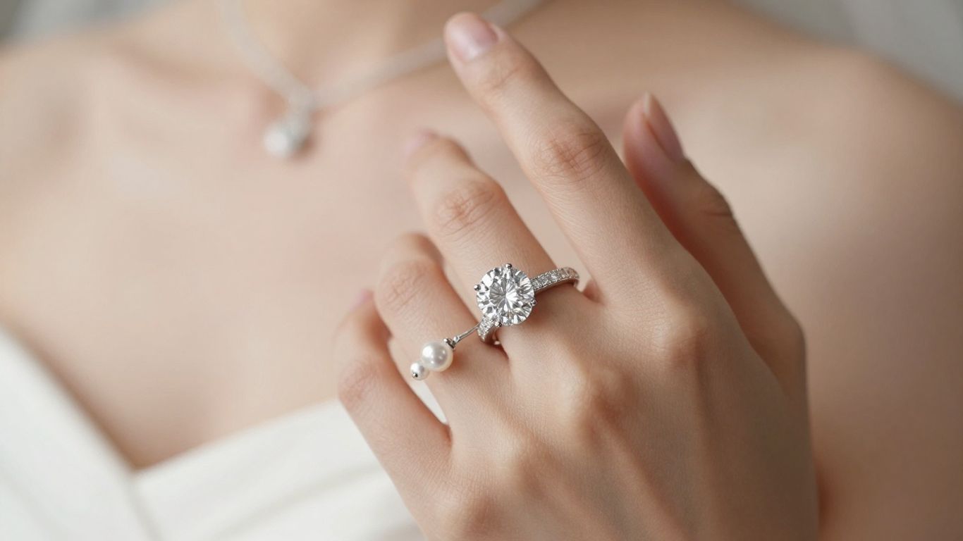 Luxury bridal jewellery: diamond ring and pearl earrings.
