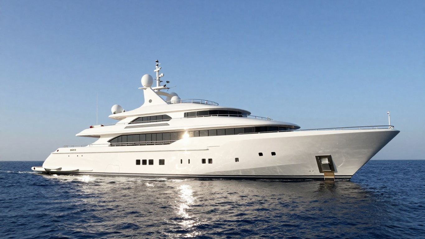 Massive luxury yacht sailing on a clear blue ocean.
