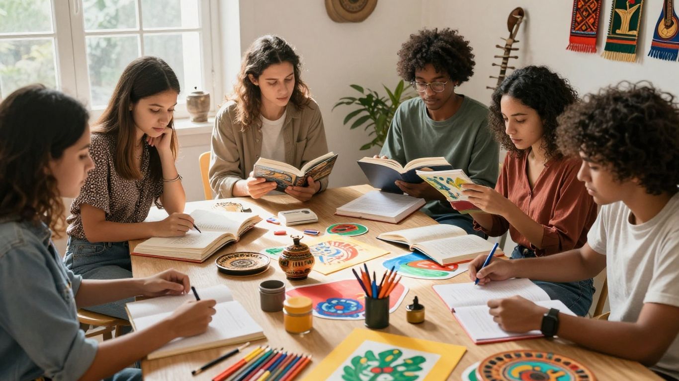 Educație prin cultură: oameni interacționând cu artă și cărți.