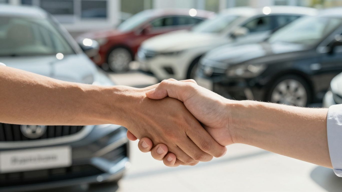 Autohändler gibt Schlüssel an Käufer nach Verhandlung