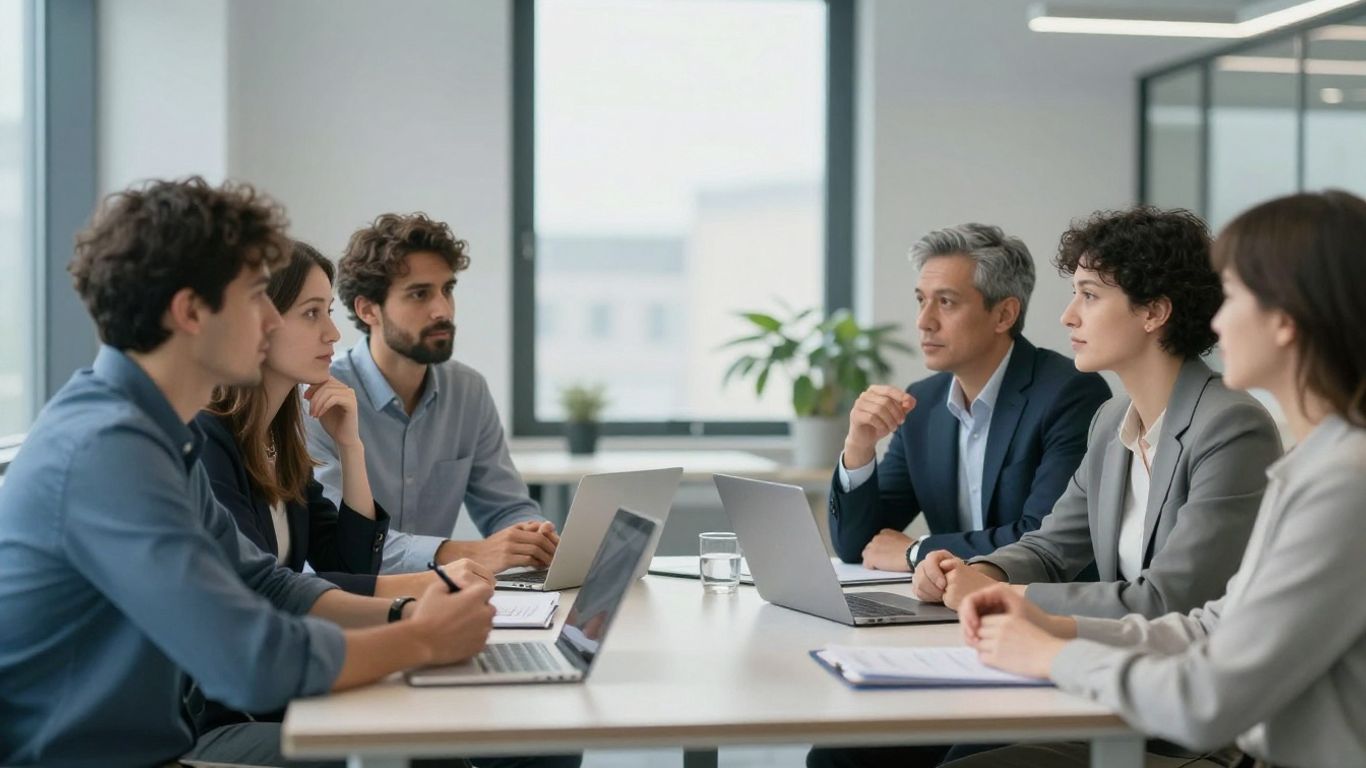 Mitarbeiter im Büro diskutieren und lernen voneinander.