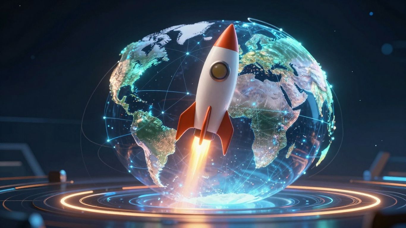 Globe with rocket ascending, digital connections