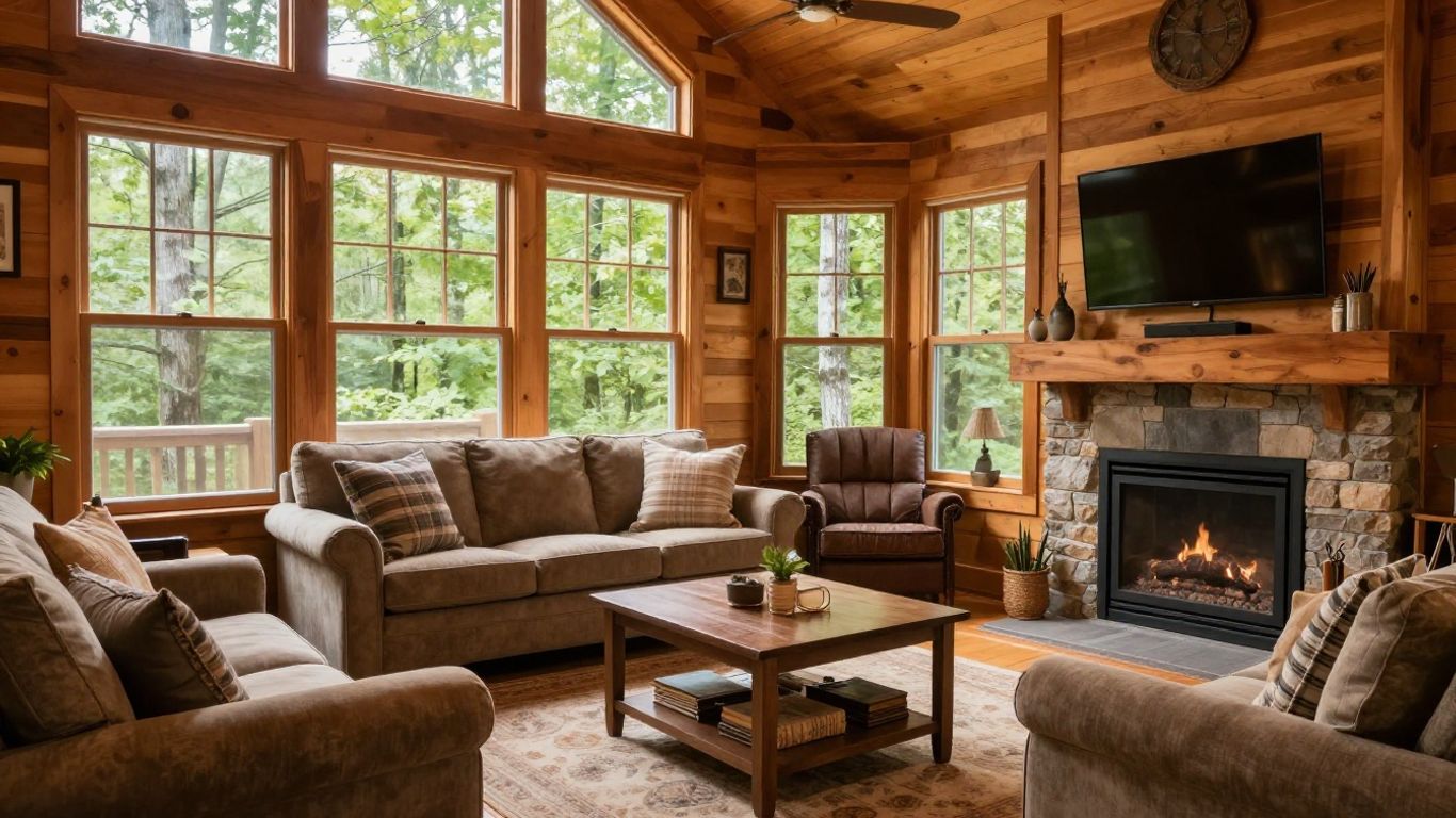 Cozy Gatlinburg cabin living room with fireplace and mountain view.