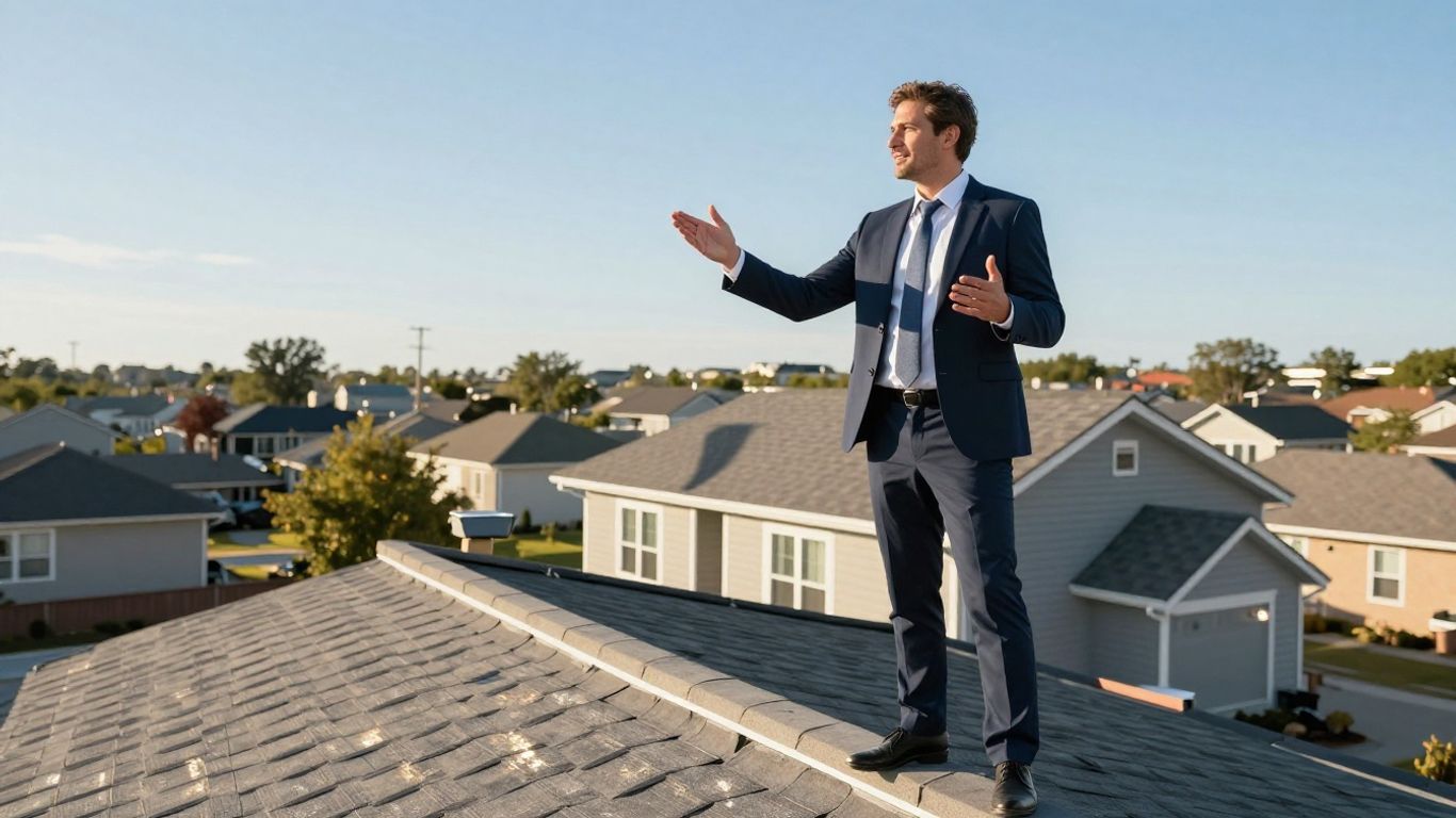 Roof salesperson on a house, successful sale.