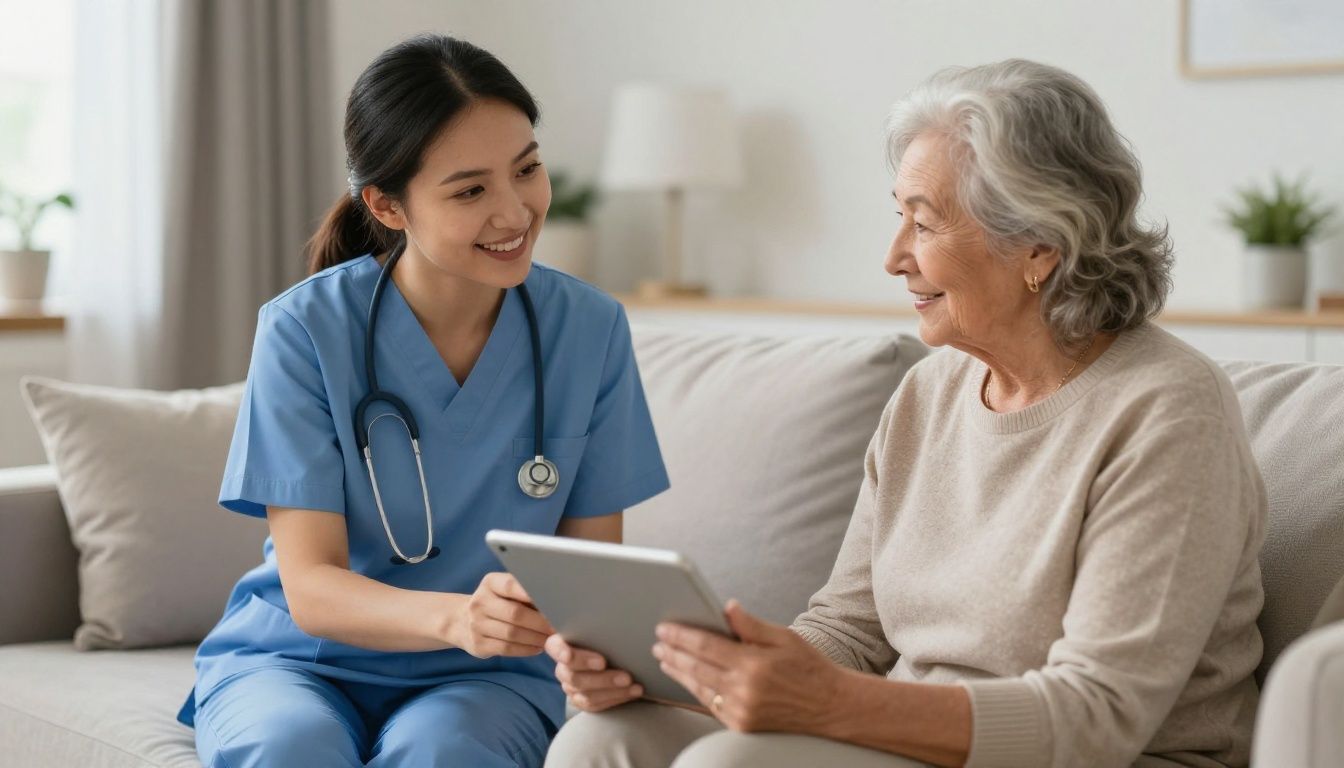 A compassionate home care nurse with a warm smile sits with an older adult in a comfortable living room, reviewing a tablet together, conveying a sense of trust and consistency.