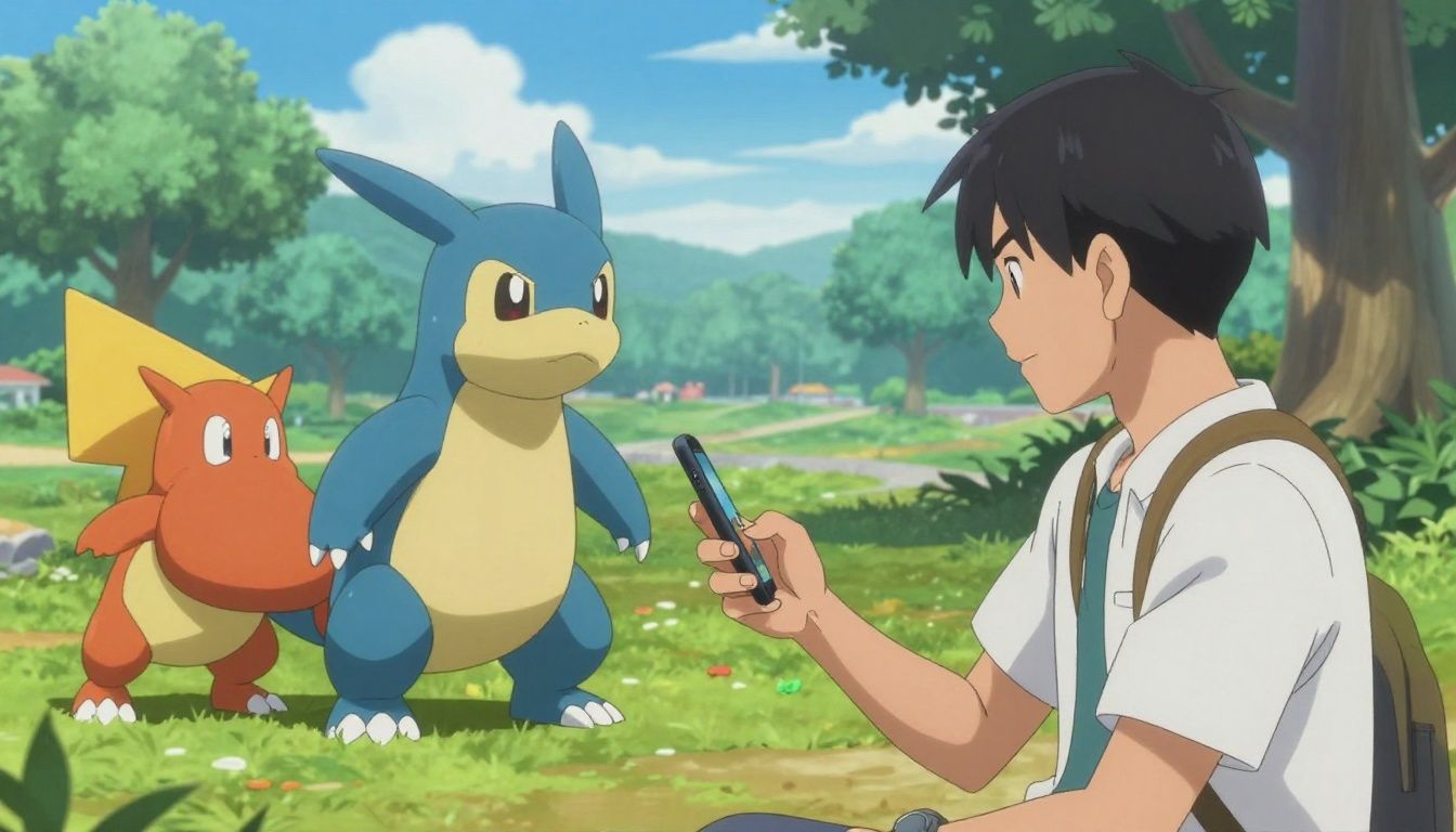 Um jogador de Pokémon GO segurando seu smartphone em um parque vibrante enquanto tenta capturar um Pokémon raro