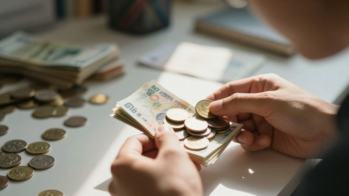 Persona planeando sus finanzas con monedas y billetes.