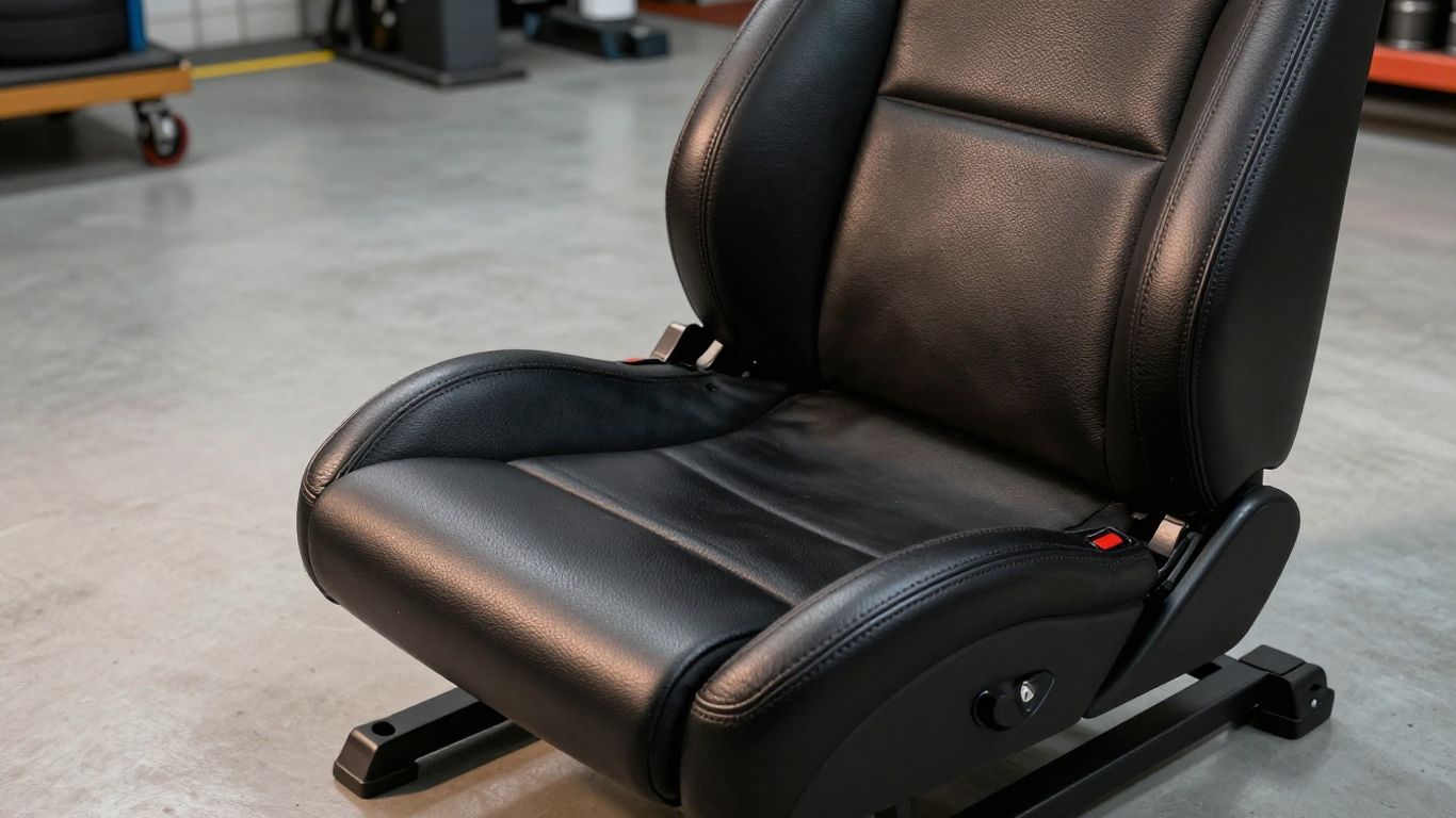 A pristine black leather BMW sport seat resting on a clean concrete floor in a well-lit workshop