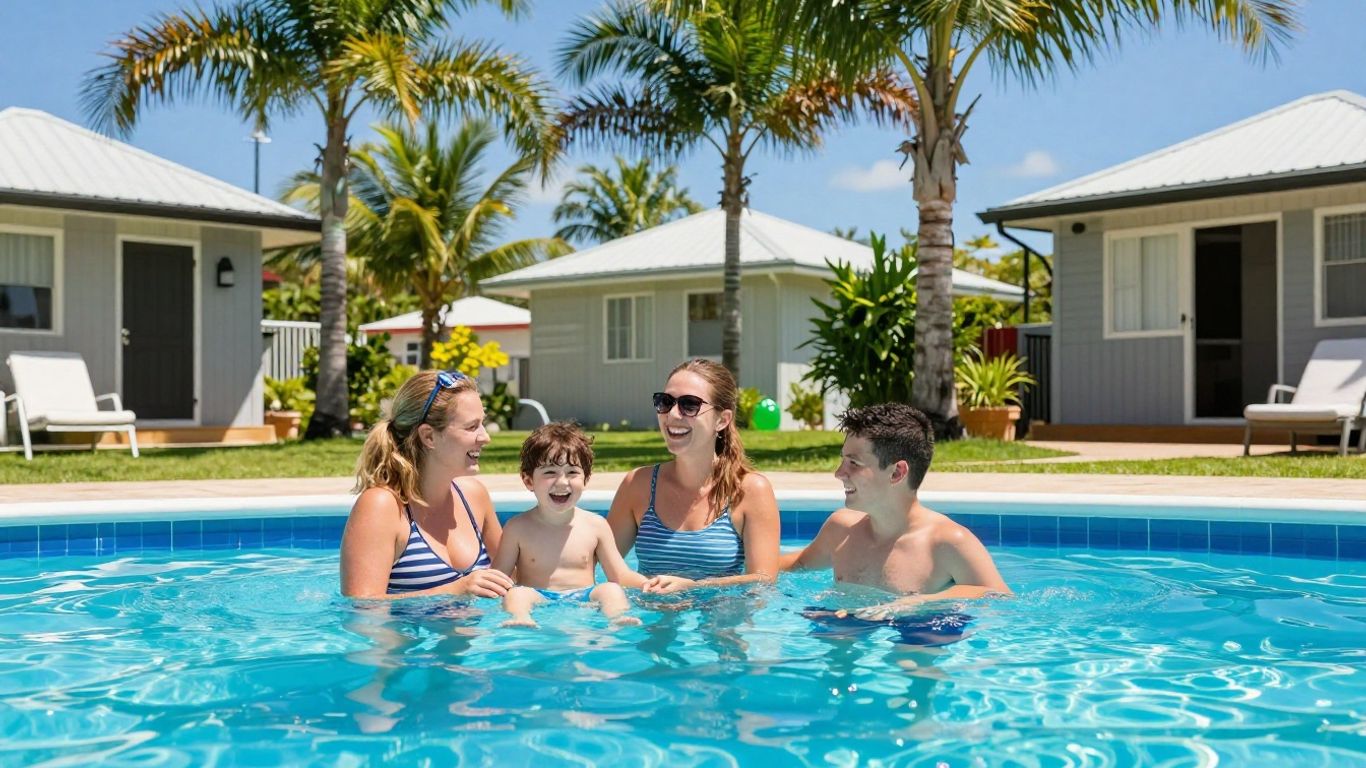 Family swimming and relaxing at Gold Coast holiday park.
