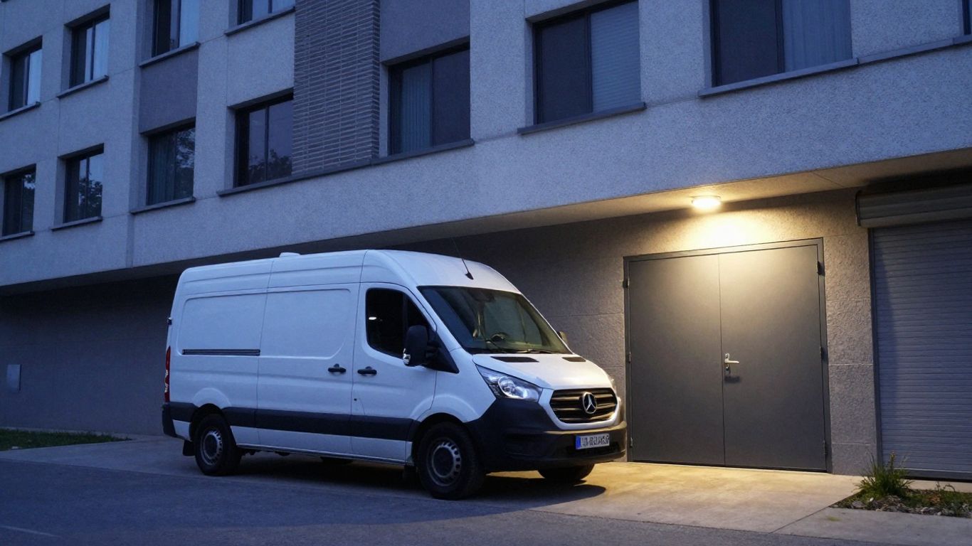 Business building security with locksmith van nearby.