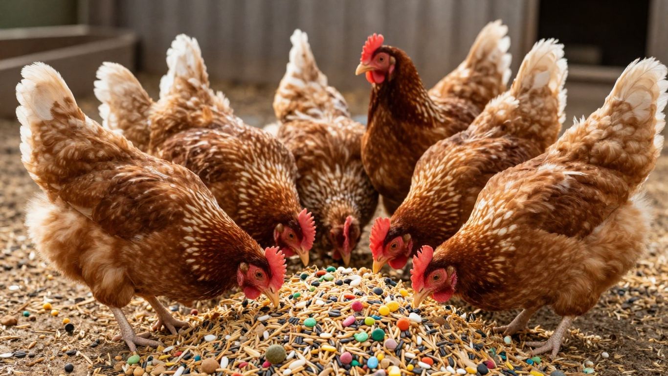 Zdrowe kury jedzące paszę bogatą w składniki odżywcze.