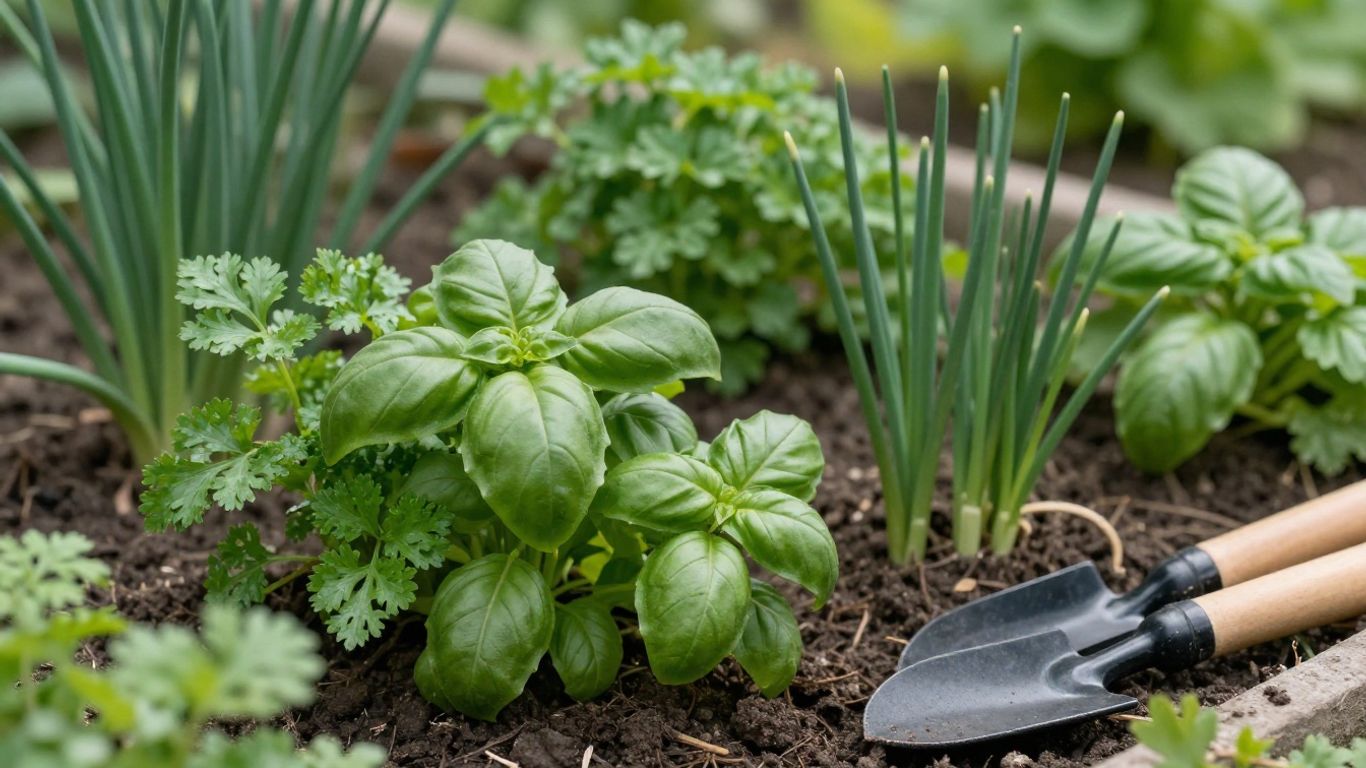 Frische Kräuter wachsen im Frühlingsgarten mit Sonnenlicht