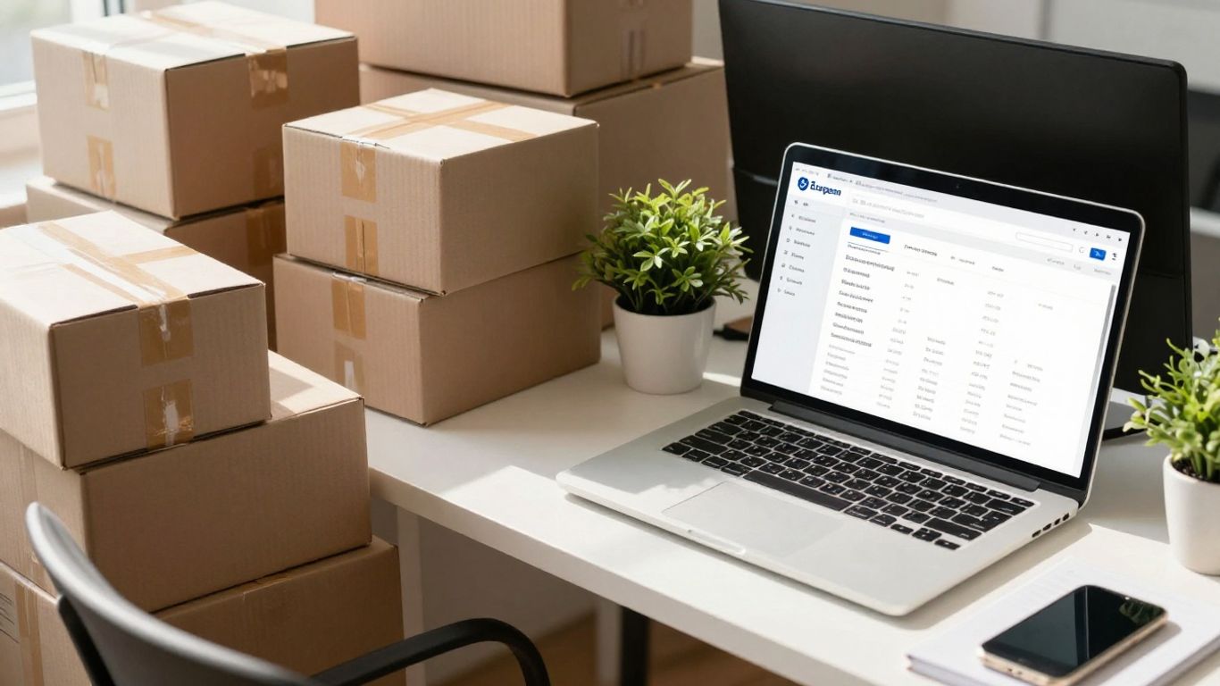 Arbeitsplatz eines Onlinehändlers mit Paketen und Laptop.