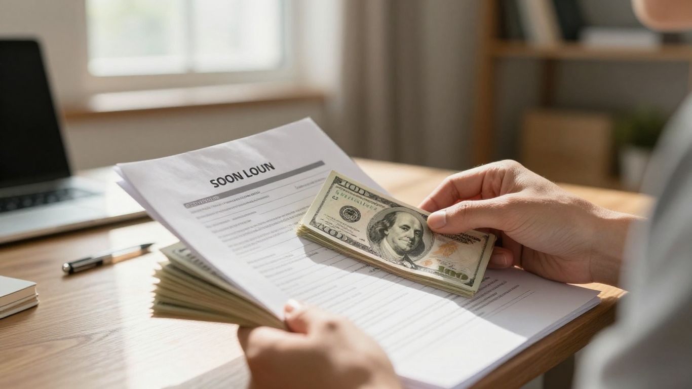 Person reviewing loan documents at a desk.