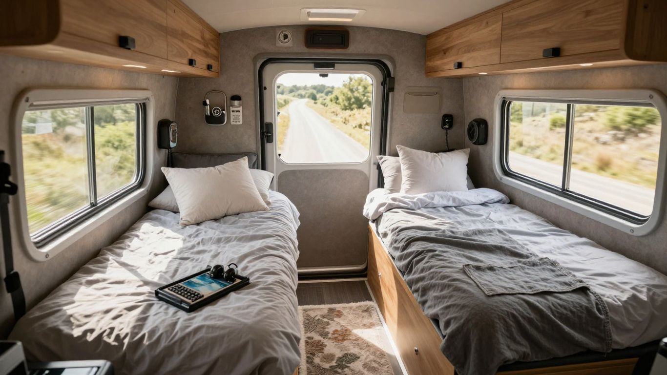 Cozy campervan interior with bedding and add-ons.