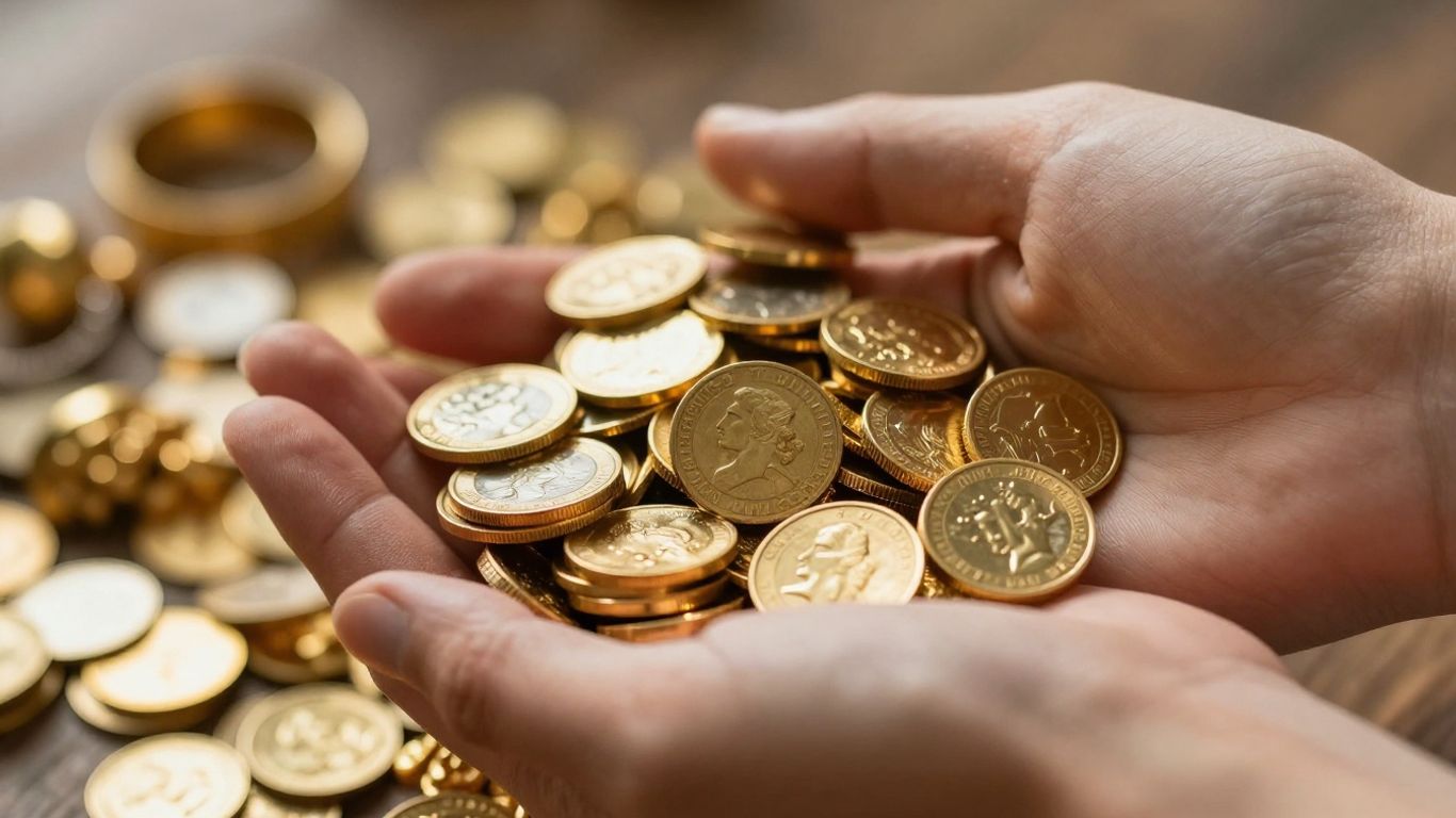 Mains tenant des pièces d'or et des bijoux.