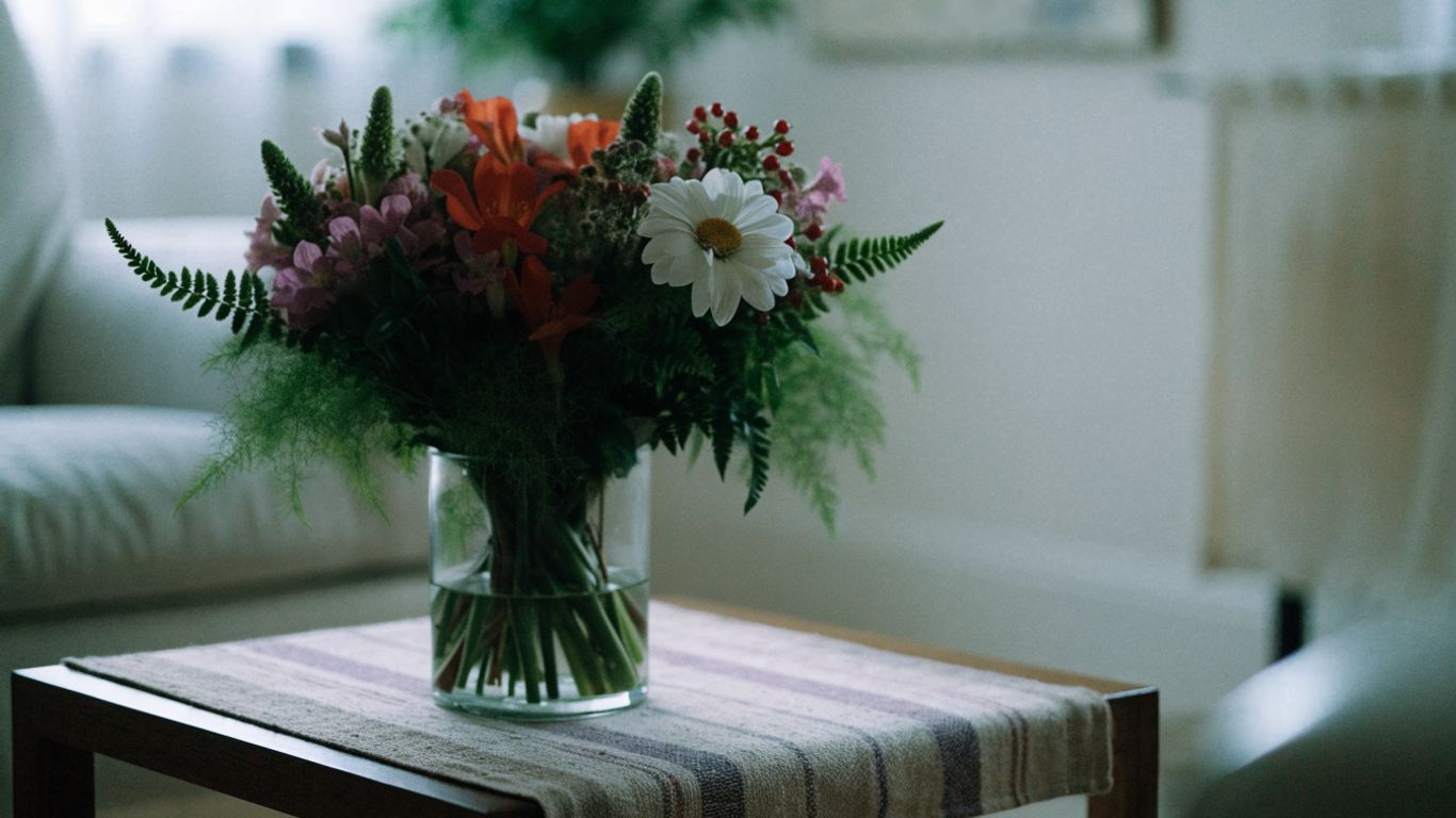 Colorful bouquet resting in a cool bright room