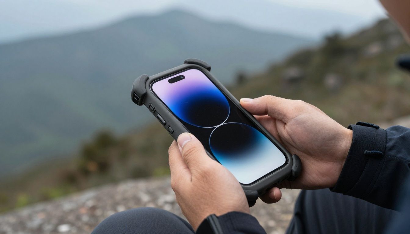 A person hiking in the Blue Mountains, carefully checking their iPhone 15 Pro in a rugged case.