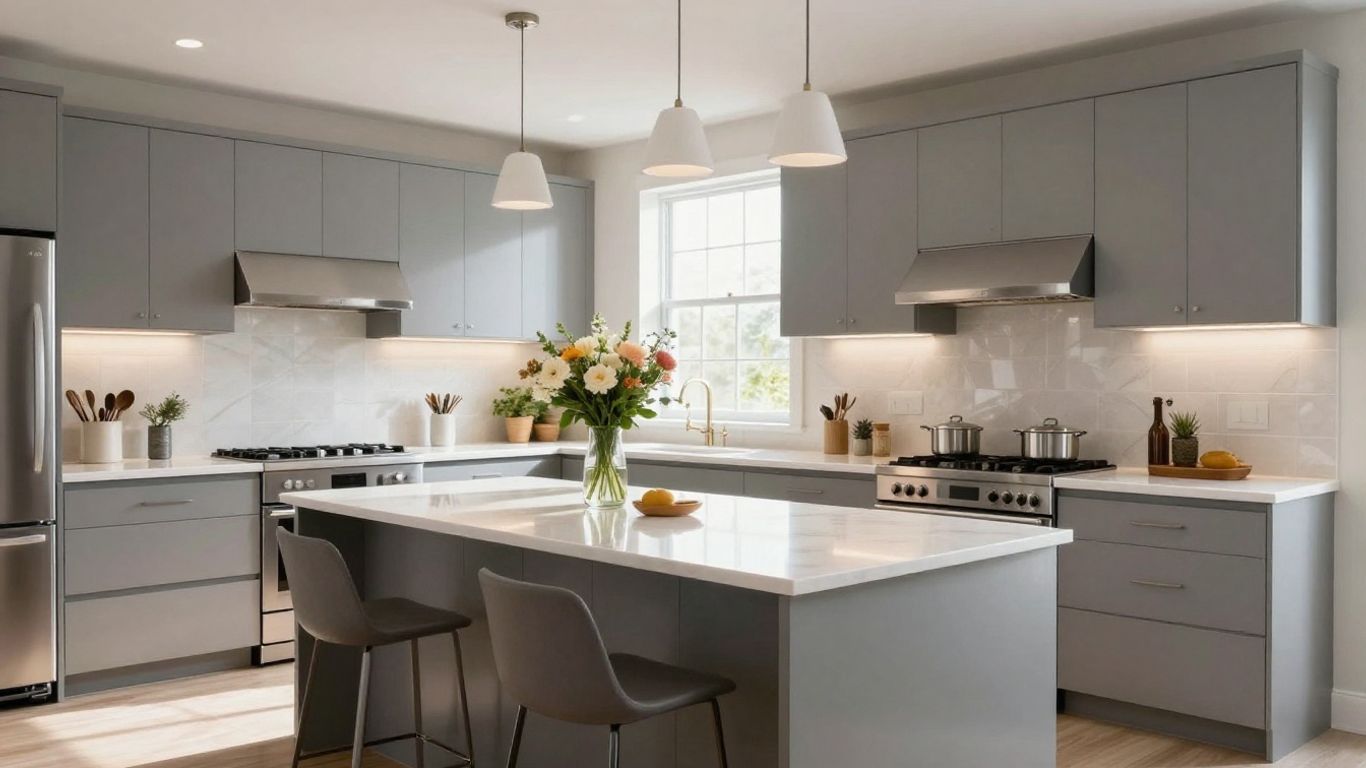 Modern kitchen renovation with island and natural light.