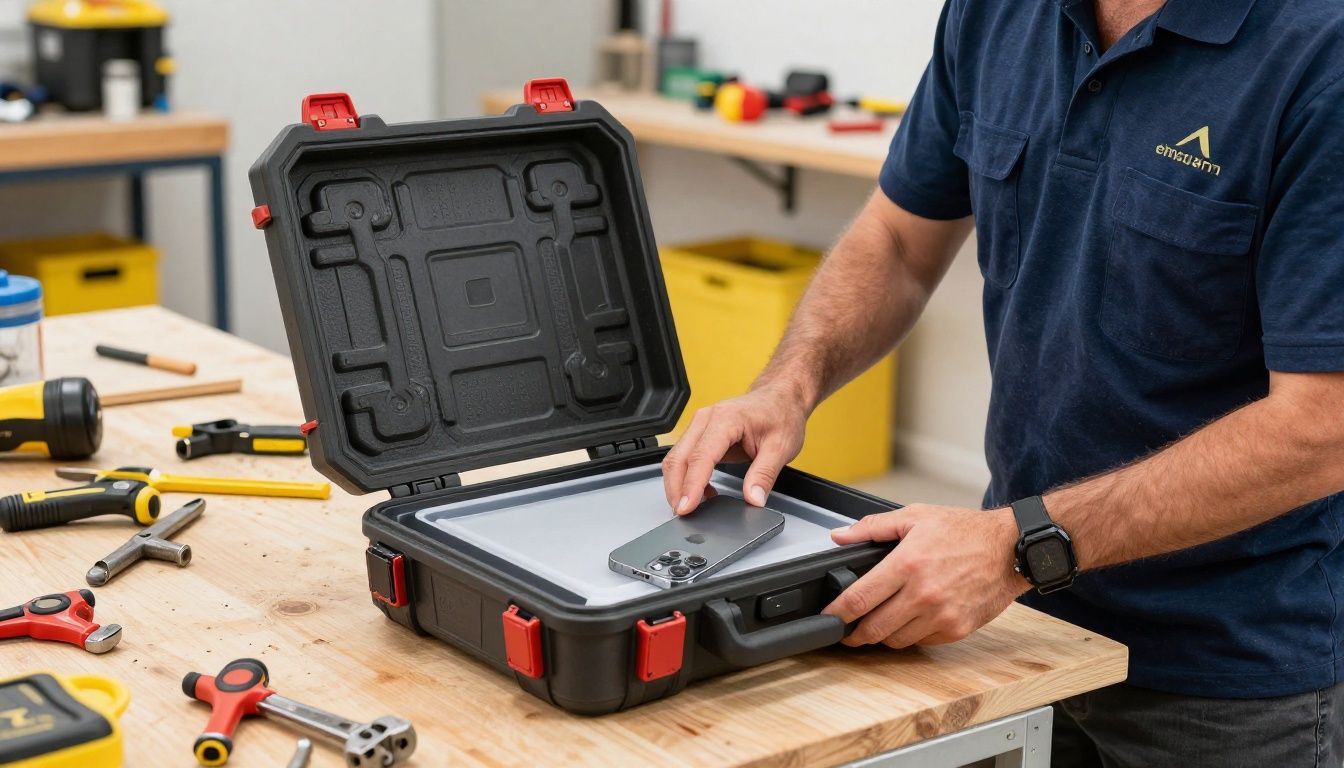 A tradie on a construction site in Perth, placing their iPhone 17 Pro Max in a heavy-duty case onto a workbench next to their tools