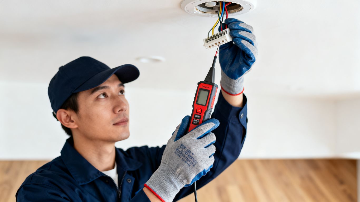 Électricien inspectant un raccordement de luminaire