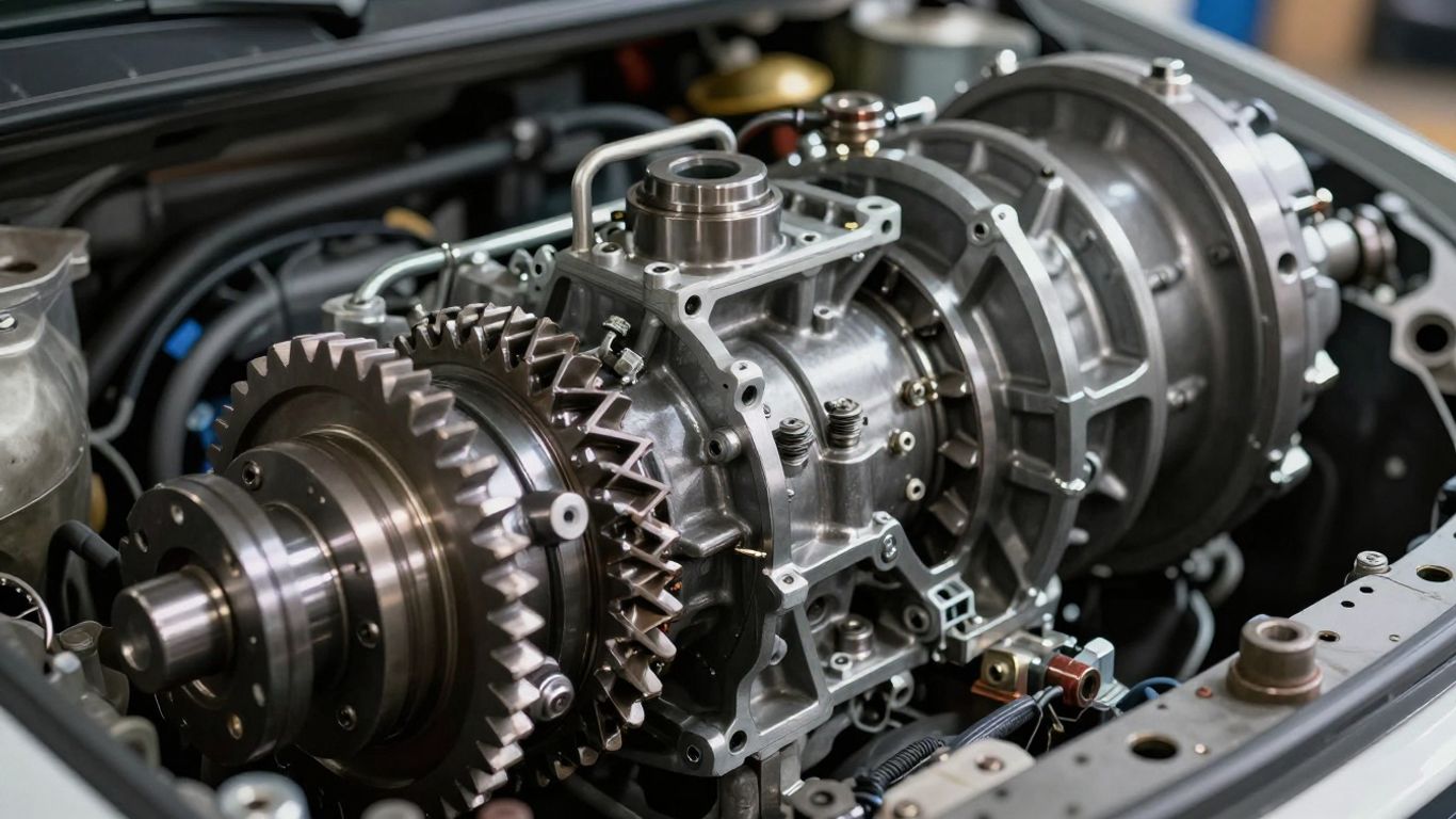 Rebuilt car transmission with visible gears and components.