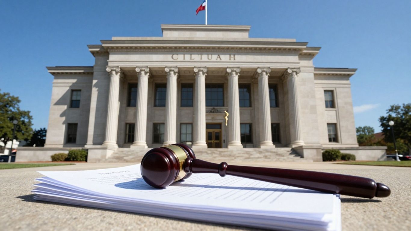 Texas courthouse and legal documents with a gavel.
