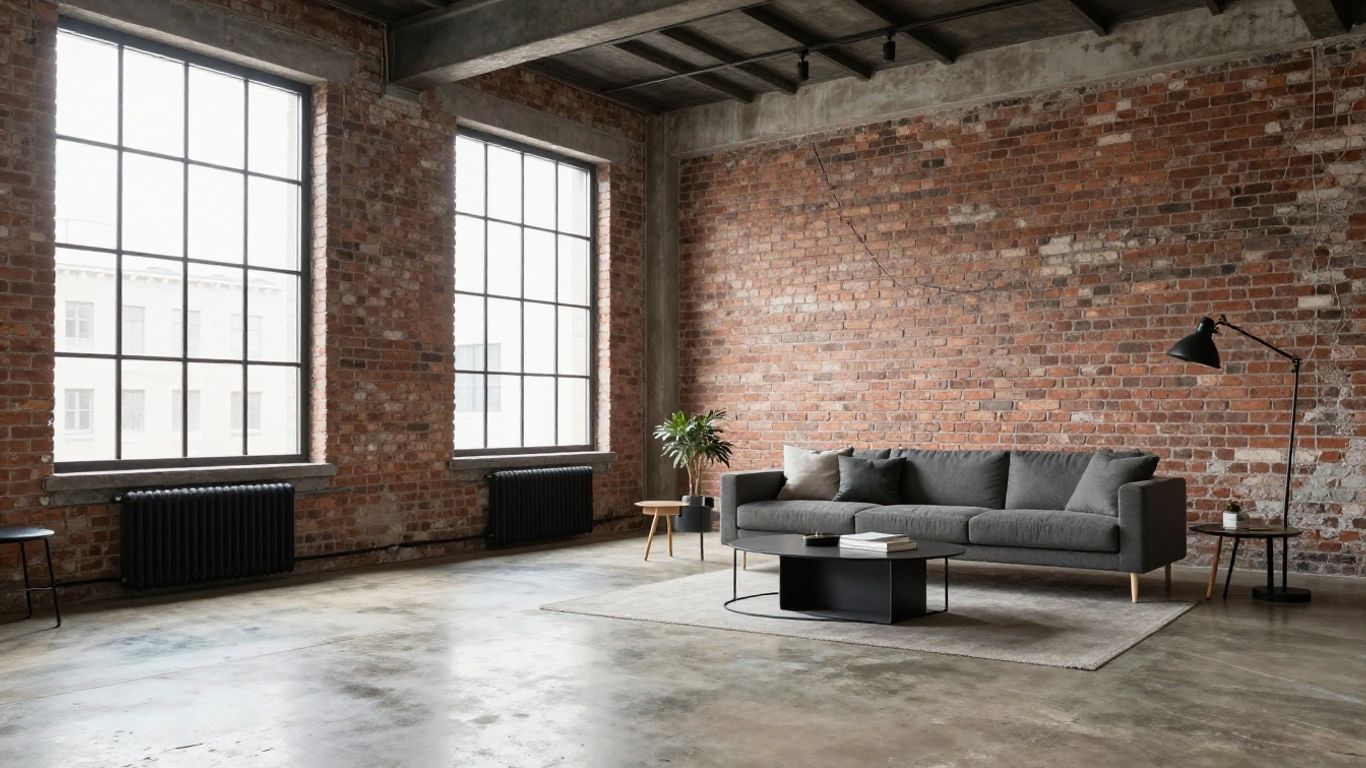 Industrial urban loft with exposed brick and large windows.