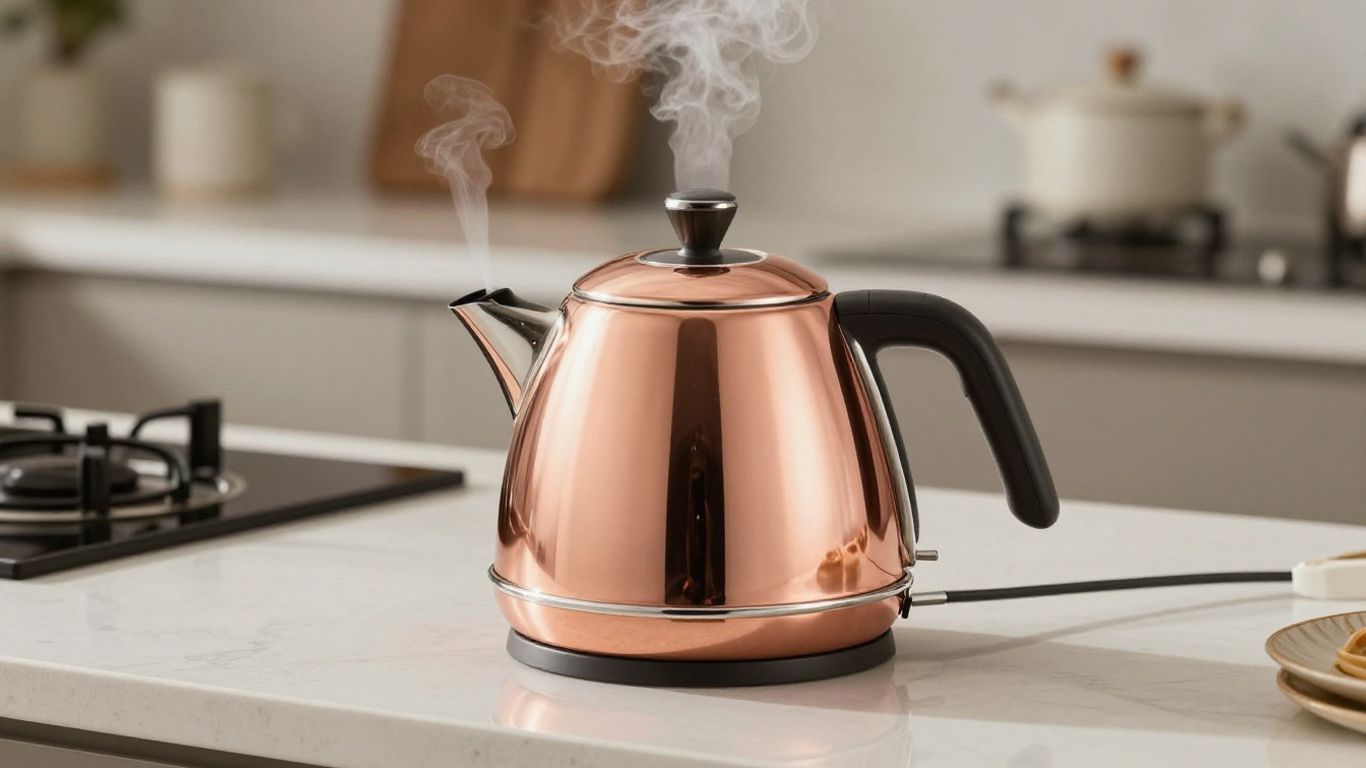 Stylish rose gold kettle on a kitchen counter.