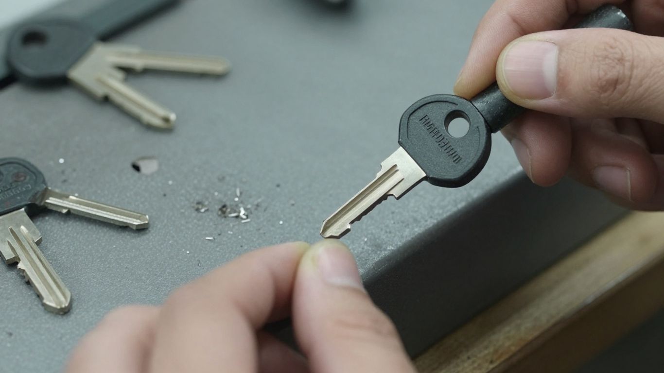 Locksmith cutting a new key with a machine.