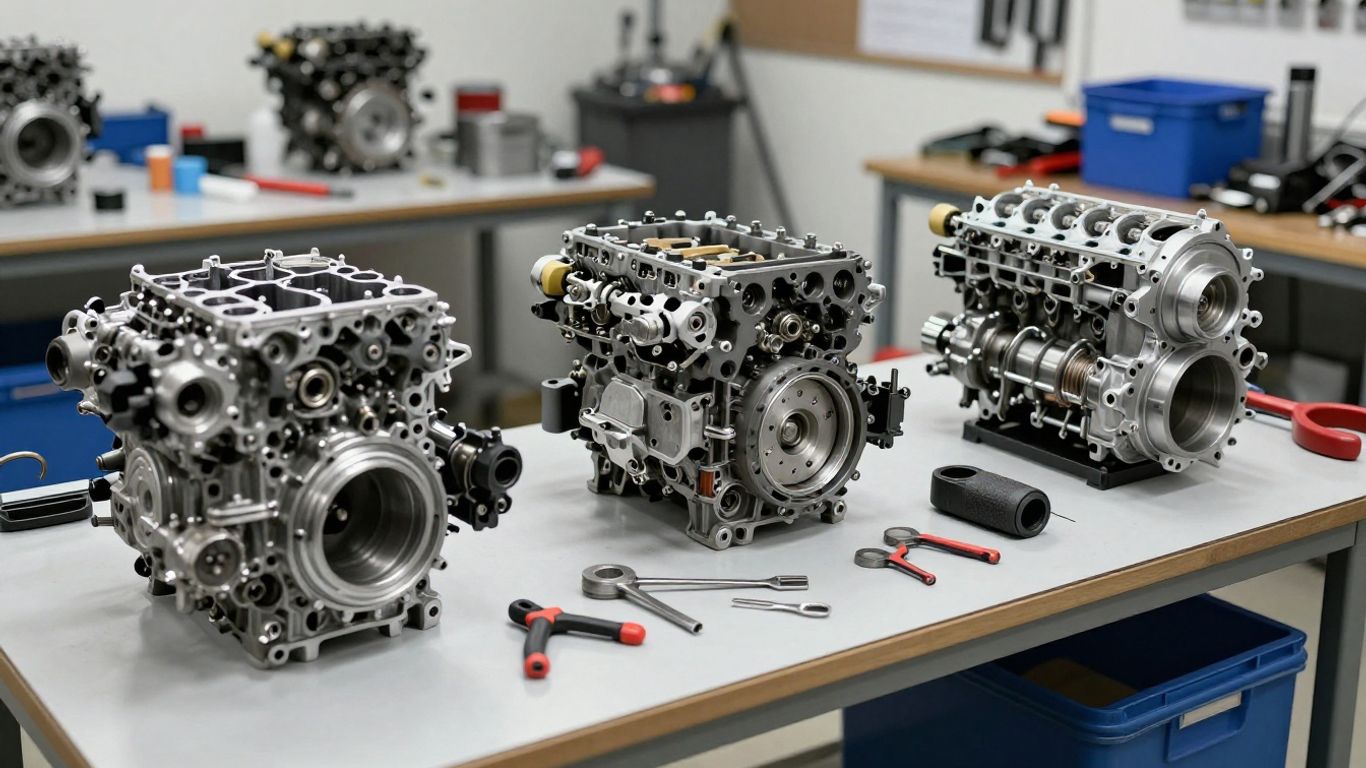 Subaru engine parts in a workshop