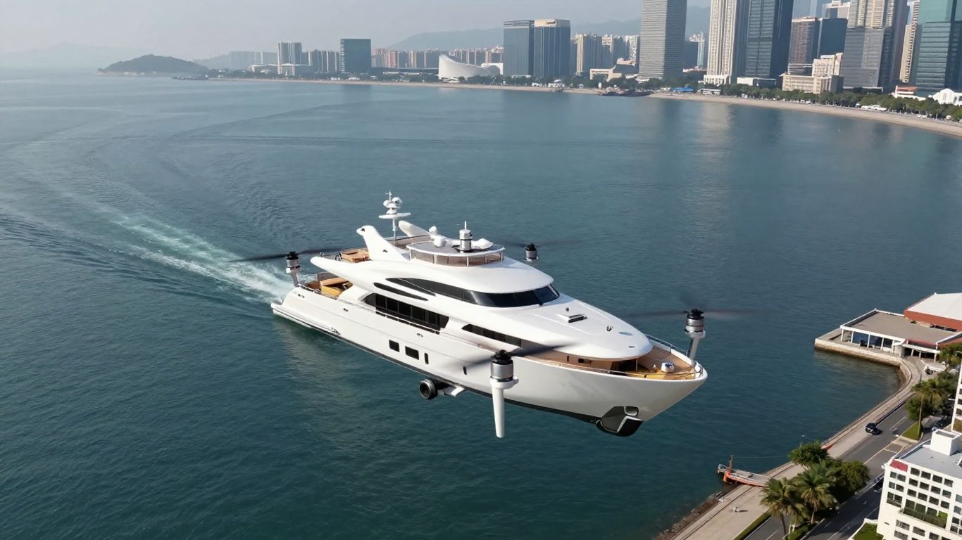 Drone flying over city and sea, luxury yacht.