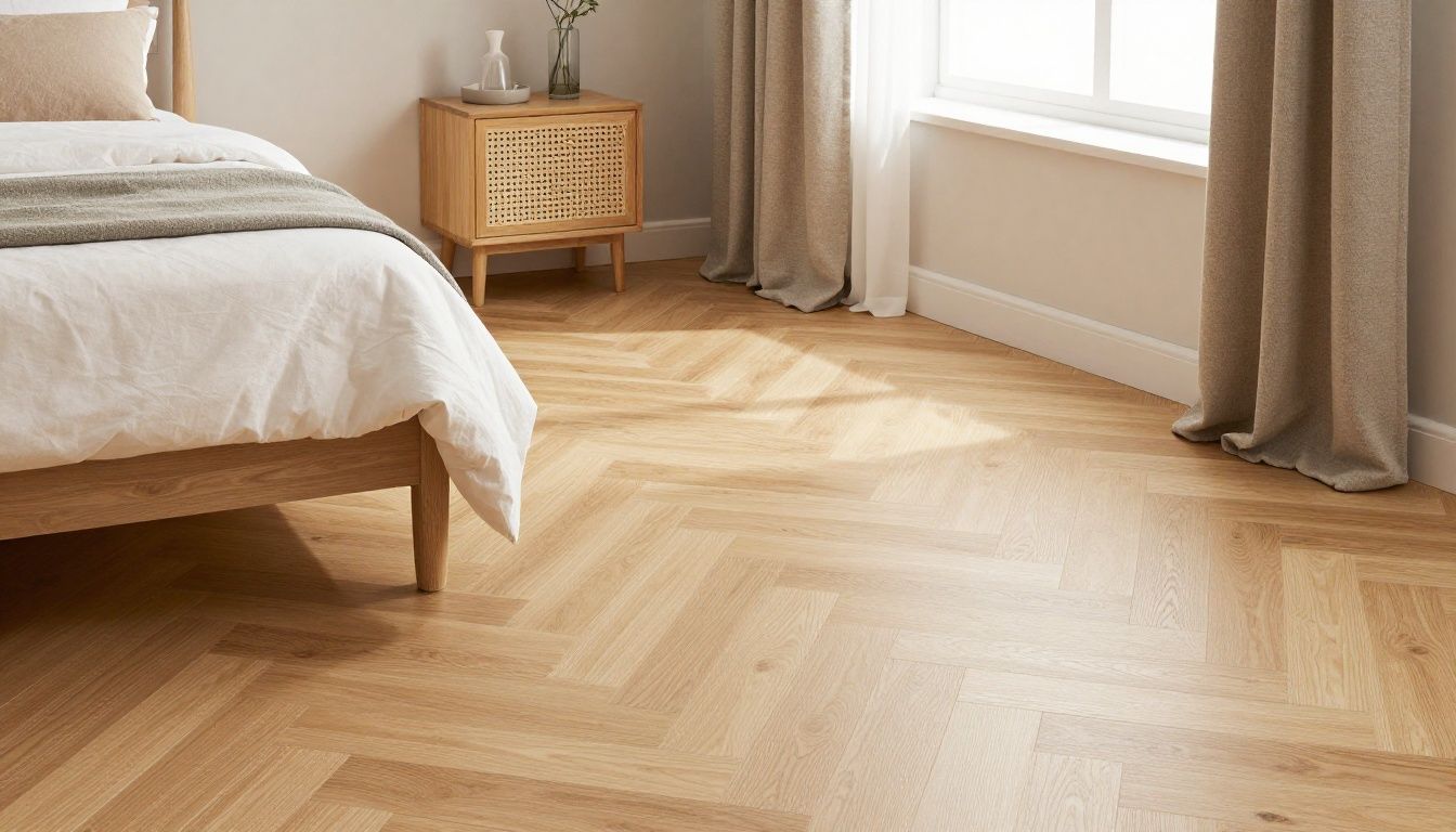 A cosy bedroom with natural oak herringbone LVT flooring, complemented by soft furnishings.